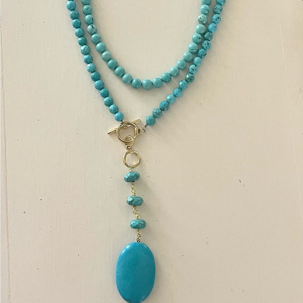 Turquoise lariat necklace with adjustable toggle 18” to 40” lengths